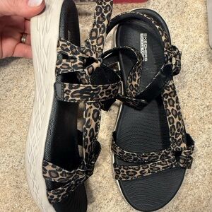 Skechers Women's Black and Tan Leopard Sandals